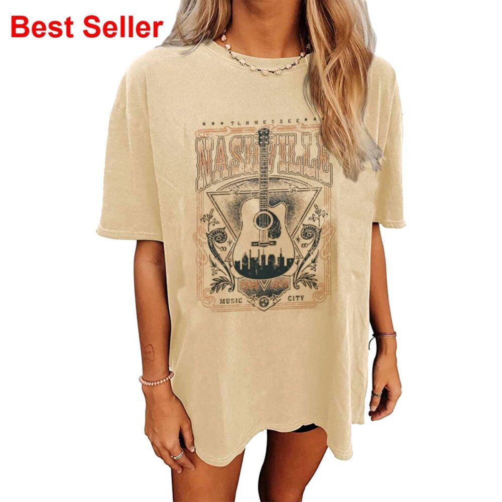 Oversized Vintage Music City Graphic Tee Women's Short Sleeve T-Shirt